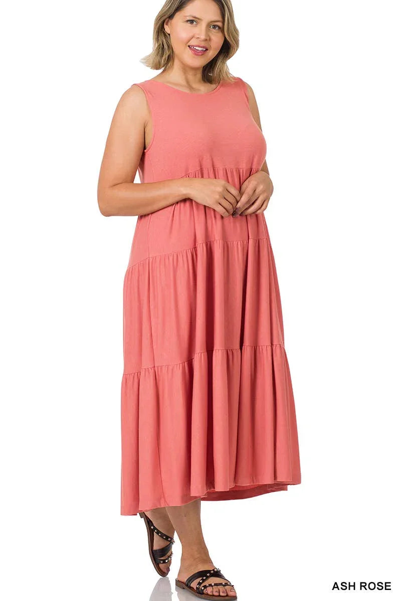Plus Sleeveless Tiered Midi Dress Dress Dusty Rose