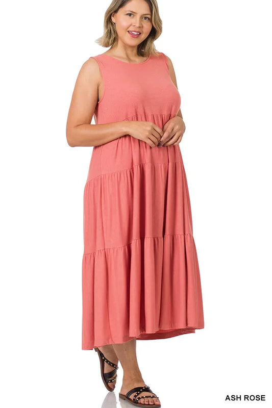 Plus Sleeveless Tiered Midi Dress Dress Dusty Rose