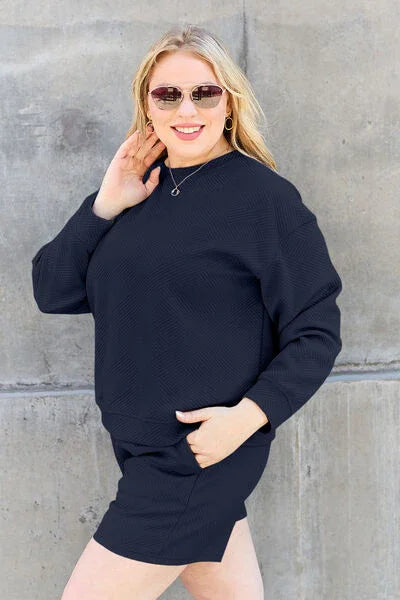 Double Take Full Size Texture Long Sleeve Top and Drawstring Shorts Set Clothing Set