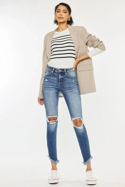 Kancan High Waist Distressed Raw Hem Ankle Skinny Jeans pants
