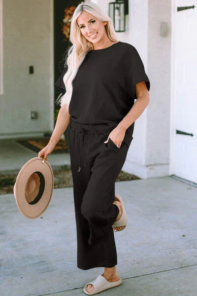 Double Take Full Size Texture Short Sleeve Top and Pants Set Clothing Set