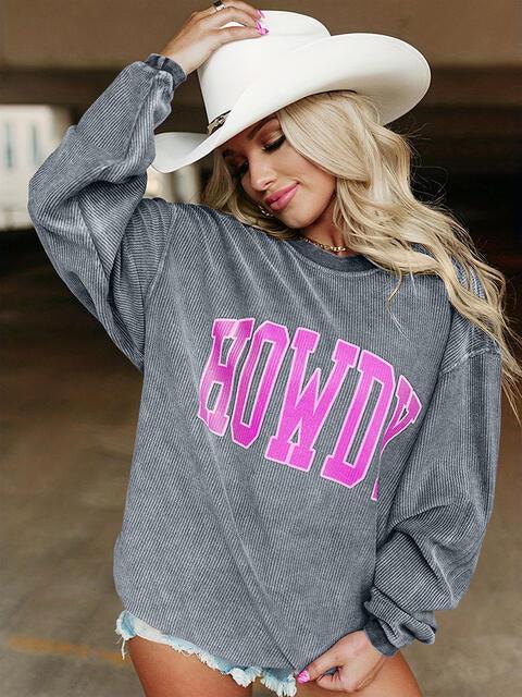 Full Size HOWDY Graphic Round Neck Sweatshirt Sweatshirt Heather Gray