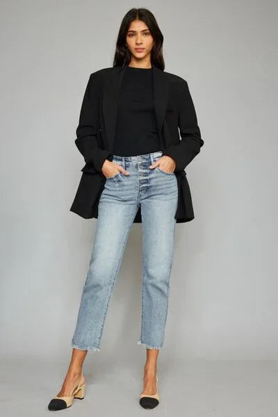 Kancan High Waist Button Fly Raw Hem Cropped Straight Jeans pants