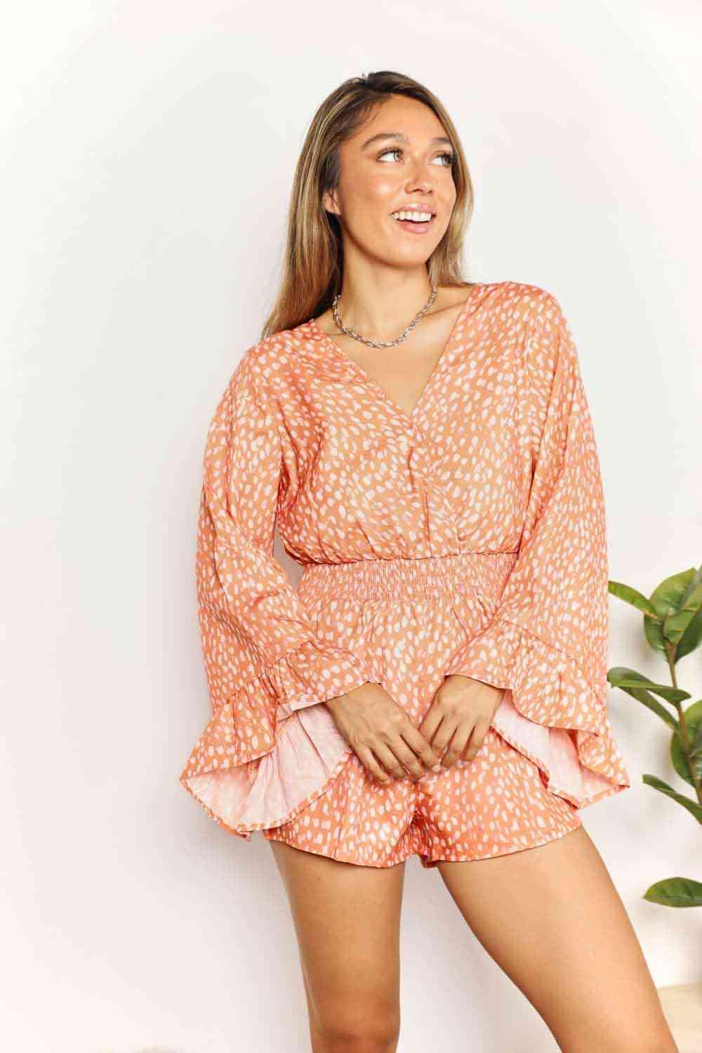 Double Take Printed Flare Sleeve Surplice Romper rompers