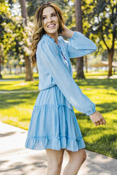Frill Tie Neck Balloon Sleeve Dress Dress