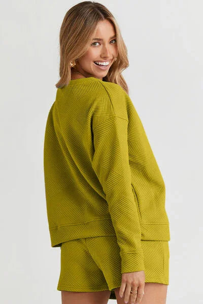 Double Take Full Size Texture Long Sleeve Top and Drawstring Shorts Set Clothing Set