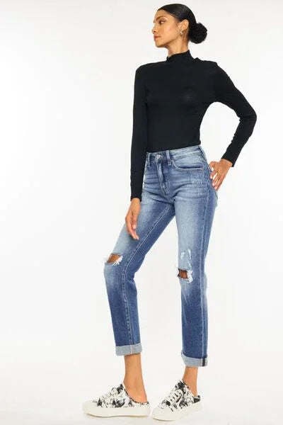 Kancan High Waist Distressed Hem Detail Cropped Straight Jeans pants