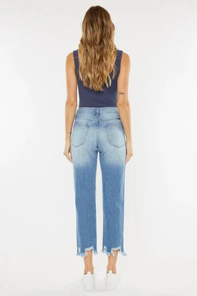 Kancan High Waist Chewed Up Straight Mom Jeans pants
