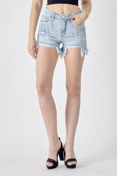RISEN Frayed Hem Denim Shorts with Fringe Detail Pockets shorts