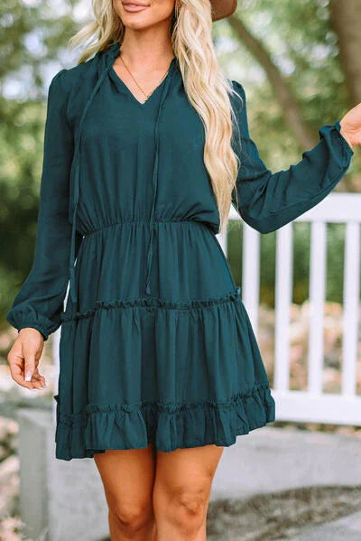 Frill Tie Neck Balloon Sleeve Dress Dress Deep Teal