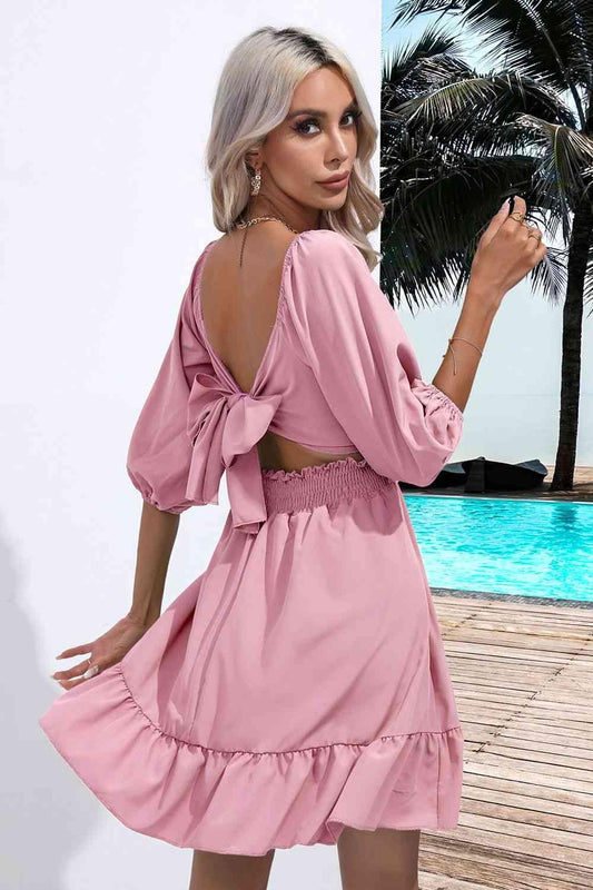 Square Neck Tie Back Ruffle Hem Dress Dress