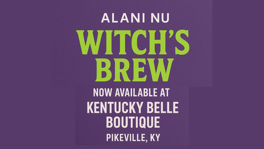 Alani Nu Witch’s Brew energy drink now available at Kentucky Belle Boutique in Pikeville, KY – fall seasonal flavor promotion with bold green and purple Halloween-inspired design.