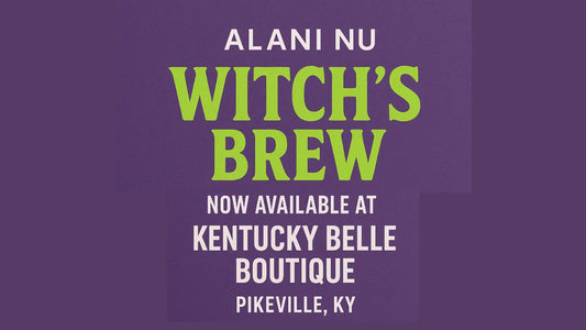 Alani Nu Witch’s Brew energy drink now available at Kentucky Belle Boutique in Pikeville, KY – fall seasonal flavor promotion with bold green and purple Halloween-inspired design.