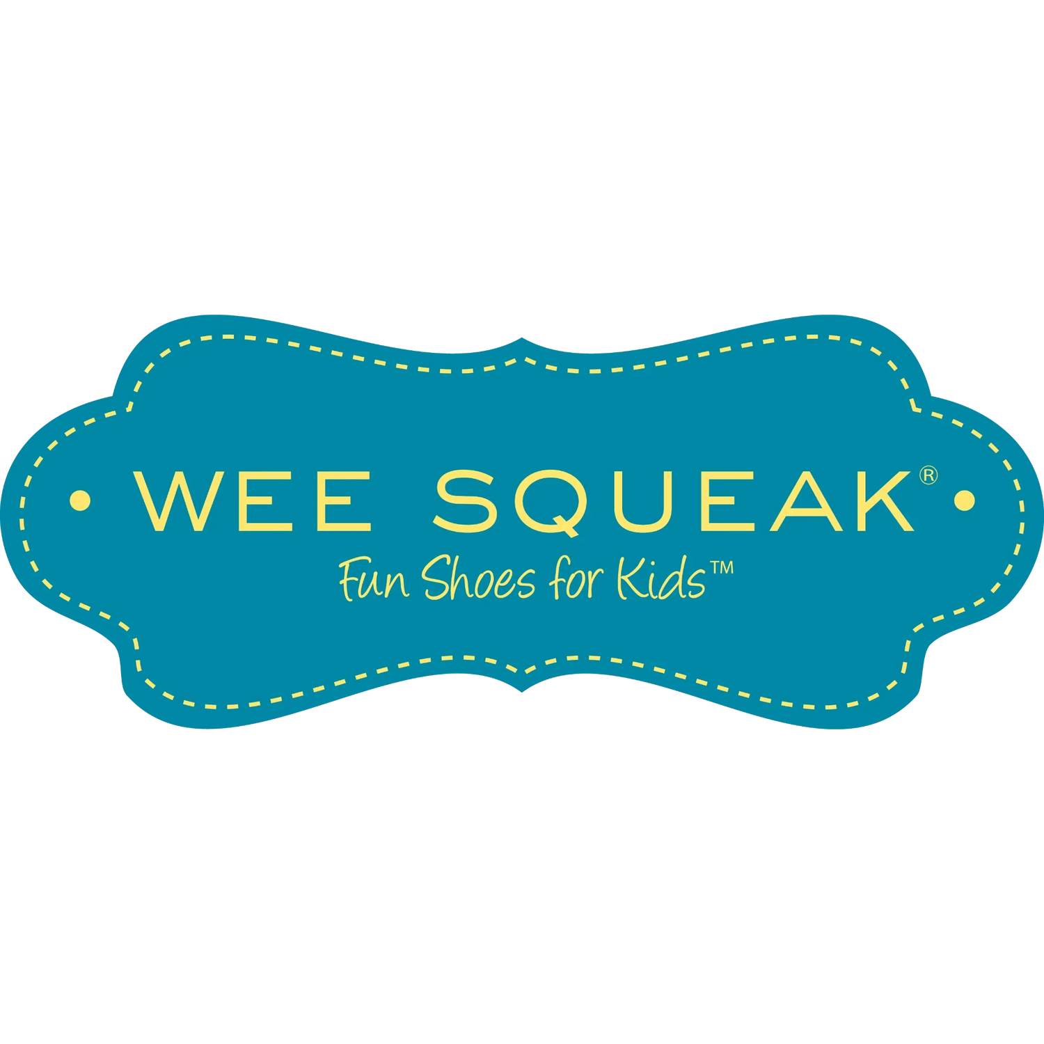 Official Wee Squeak kids shoes logo badge in teal and gold, representing squeaker shoes for toddlers and children