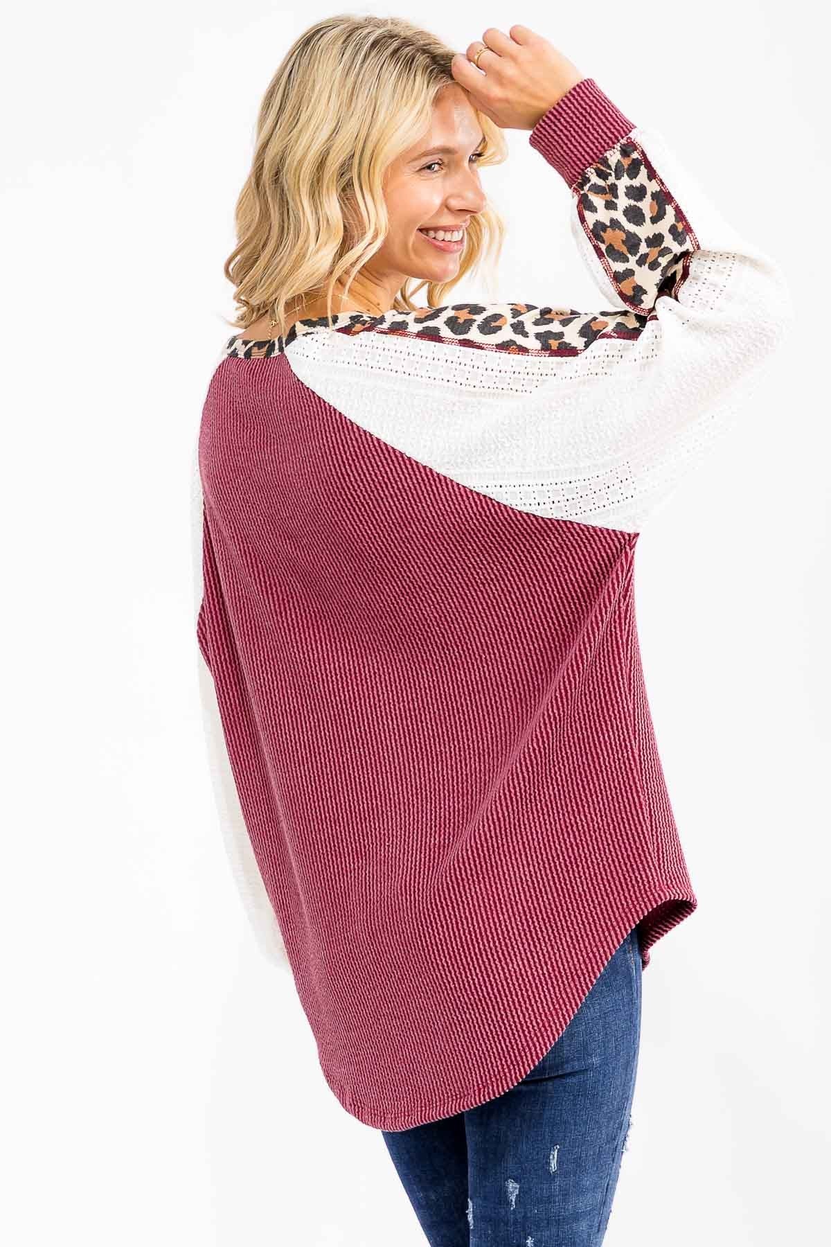 Plus Rib Knit Leopard& Lace Sleeve Detail Top Tops