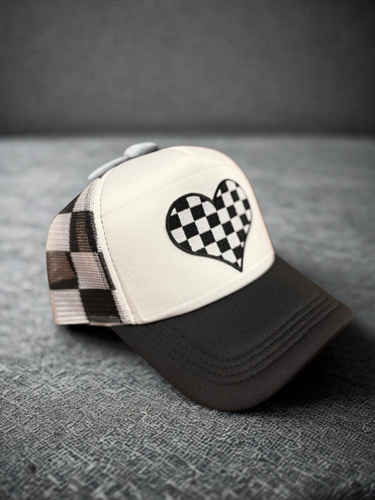 Black/White Checkered Heart Trucker Hat