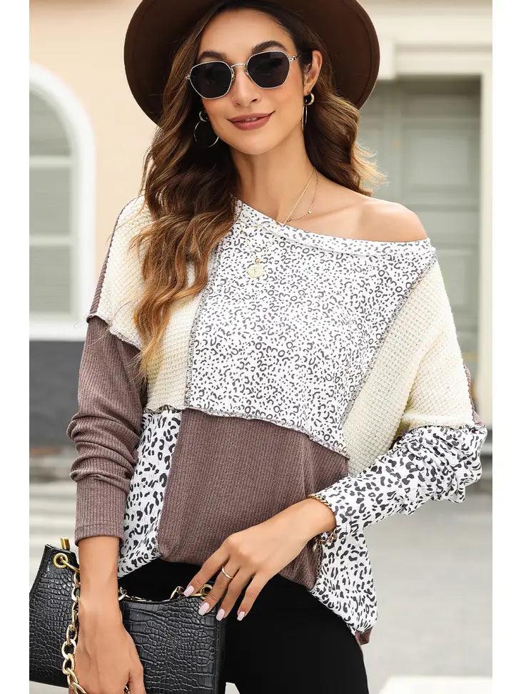 Leopard Colorblock Textured Knit Patchwork Top - Moonlight Boutique