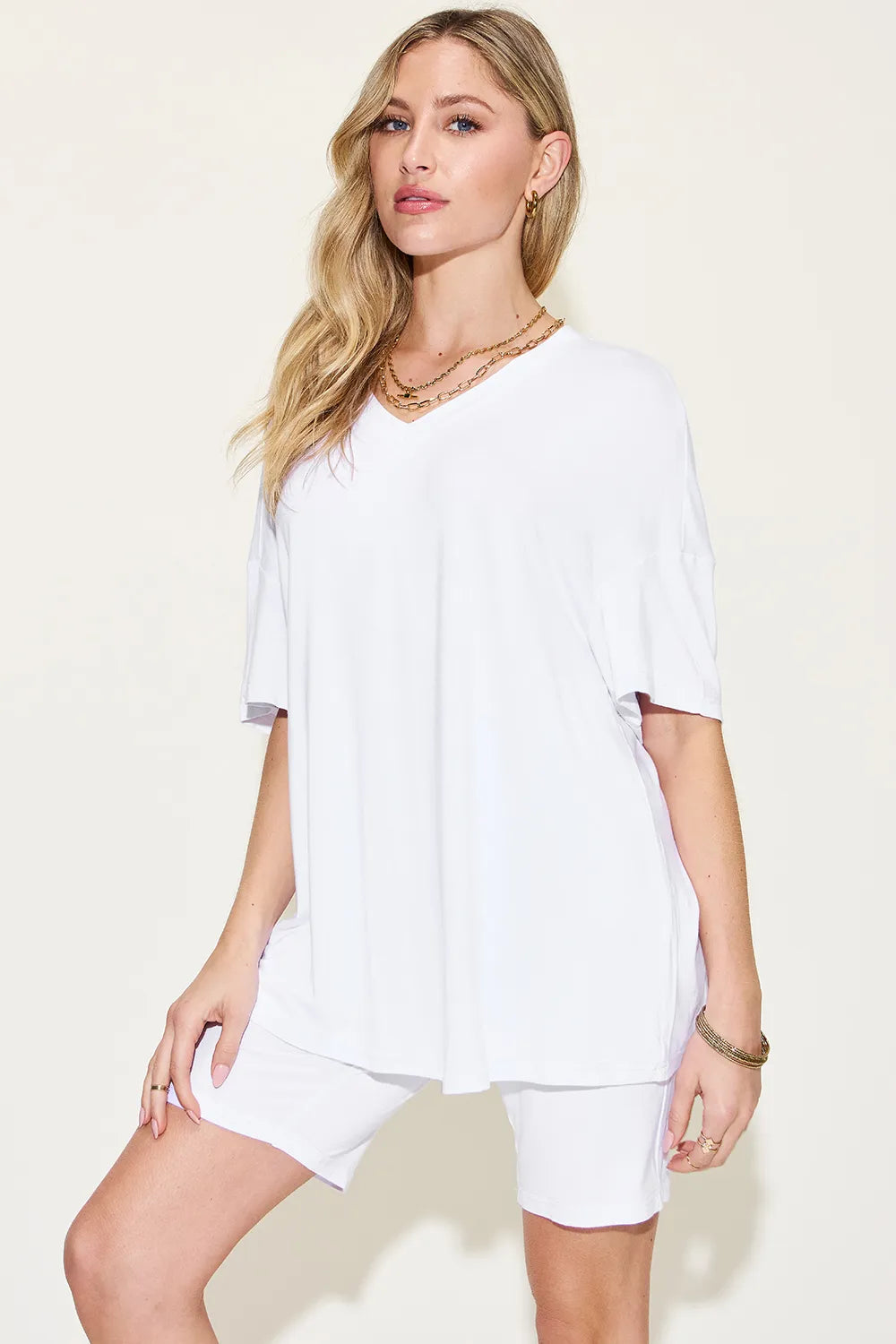 Basic Bae Full Size V-Neck Drop Shoulder T-Shirt and Shorts Set Clothing Set White