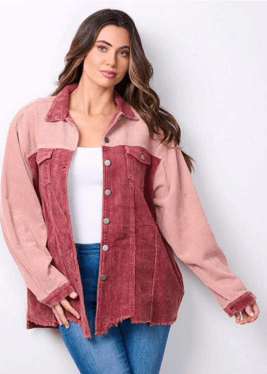 Long Sleeve Button Up Colorblock Corduroy Jacket - Moonlight Boutique