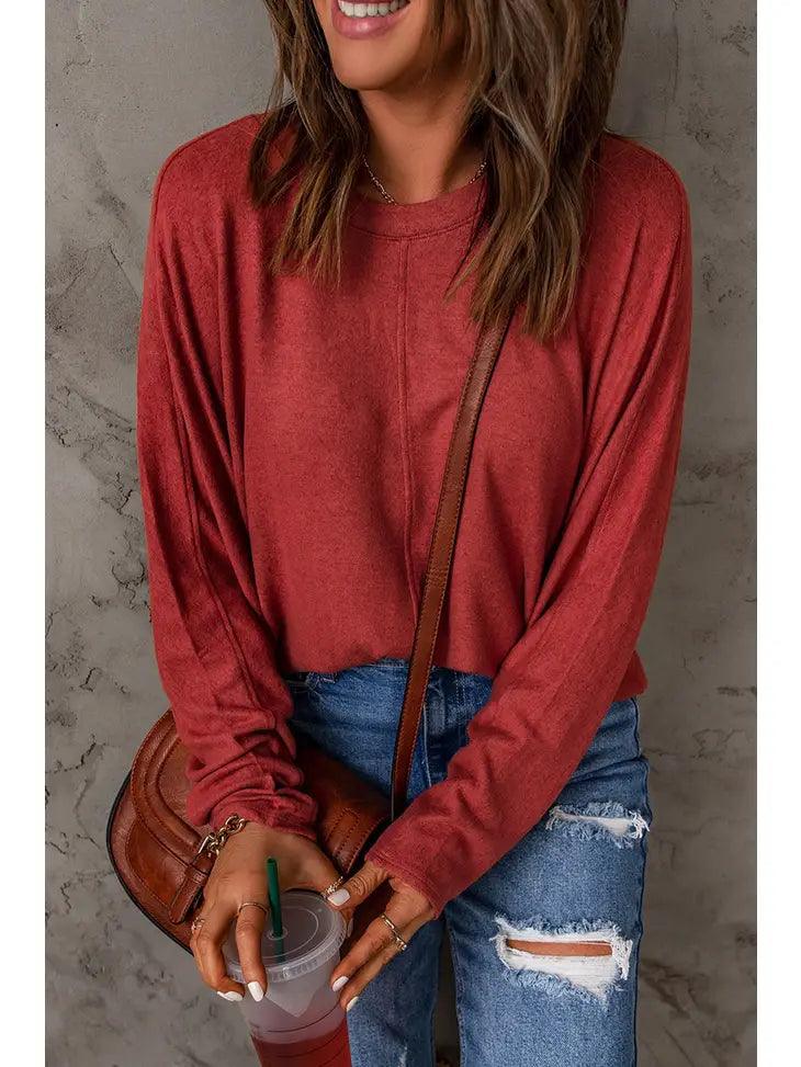 Red Solid Color Patchwork Long Sleeve Top - Moonlight Boutique