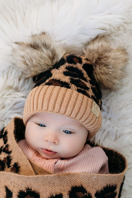 C.C Double Pom Baby Leopard Beanie