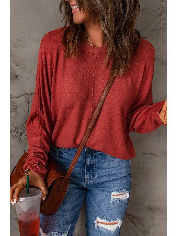 Red Solid Color Patchwork Long Sleeve Top - Moonlight Boutique