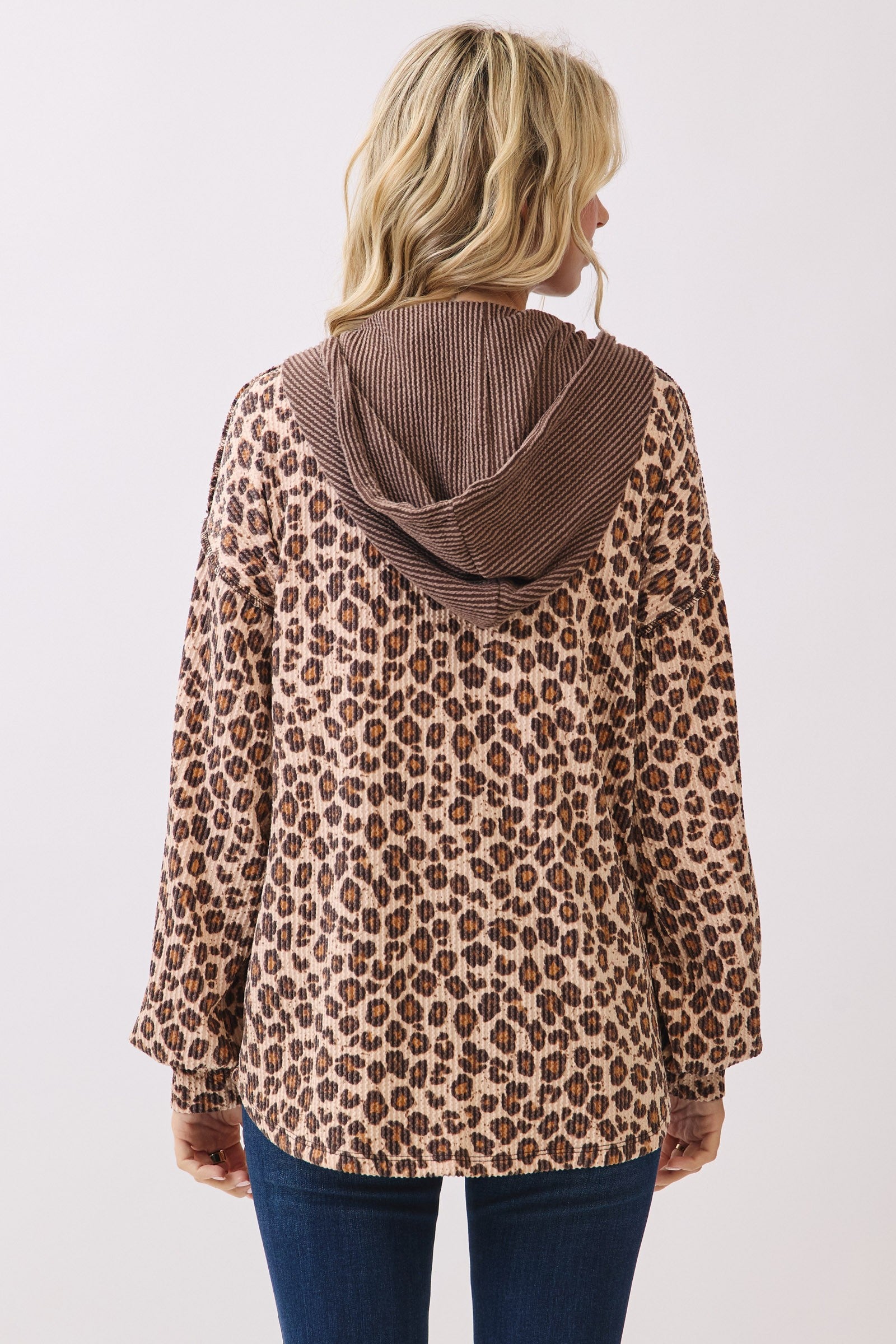 Leopard Button Front Drawstring Hooded Sweatshirt Tops