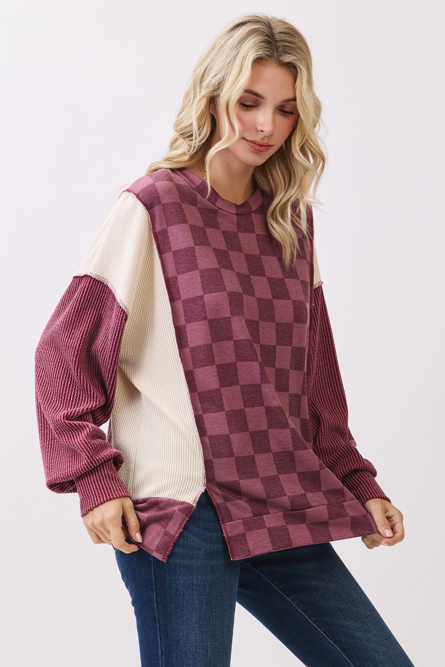 Checkered Print Long Sleeve Pullover Top Tops