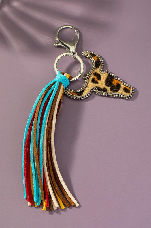 animal print cow head leather tassel key chain