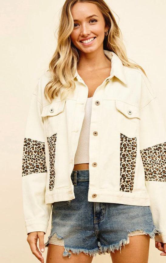 LONG SLEEVE BUTTON UP ANIMAL PRINT DENIM JACKET - Moonlight Boutique