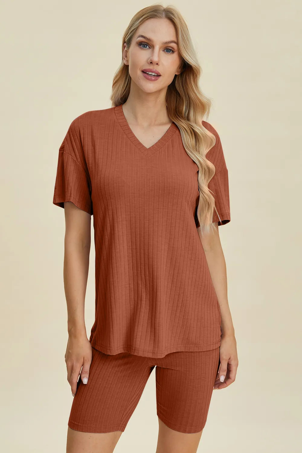 Basic Bae Full Size Ribbed V-Neck Short Sleeve Top and Shorts Set Clothing Set Caramel