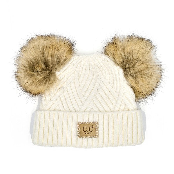 CC Baby Double Pom Criss-Cross Pattern Beanie