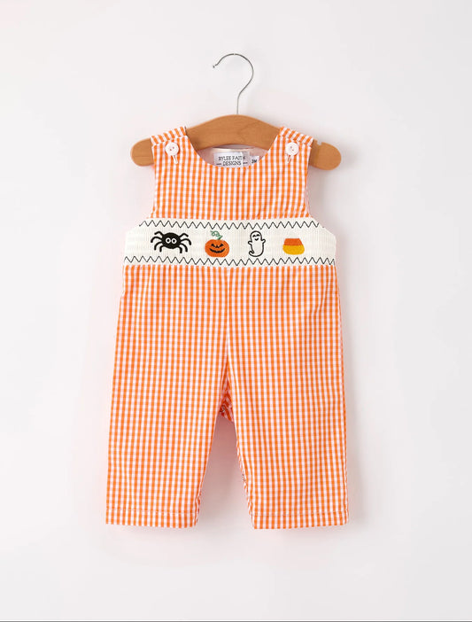 Fall Halloween Orange Pumpkin Ghost Spider Smock Embroidered Baby Boys Romper