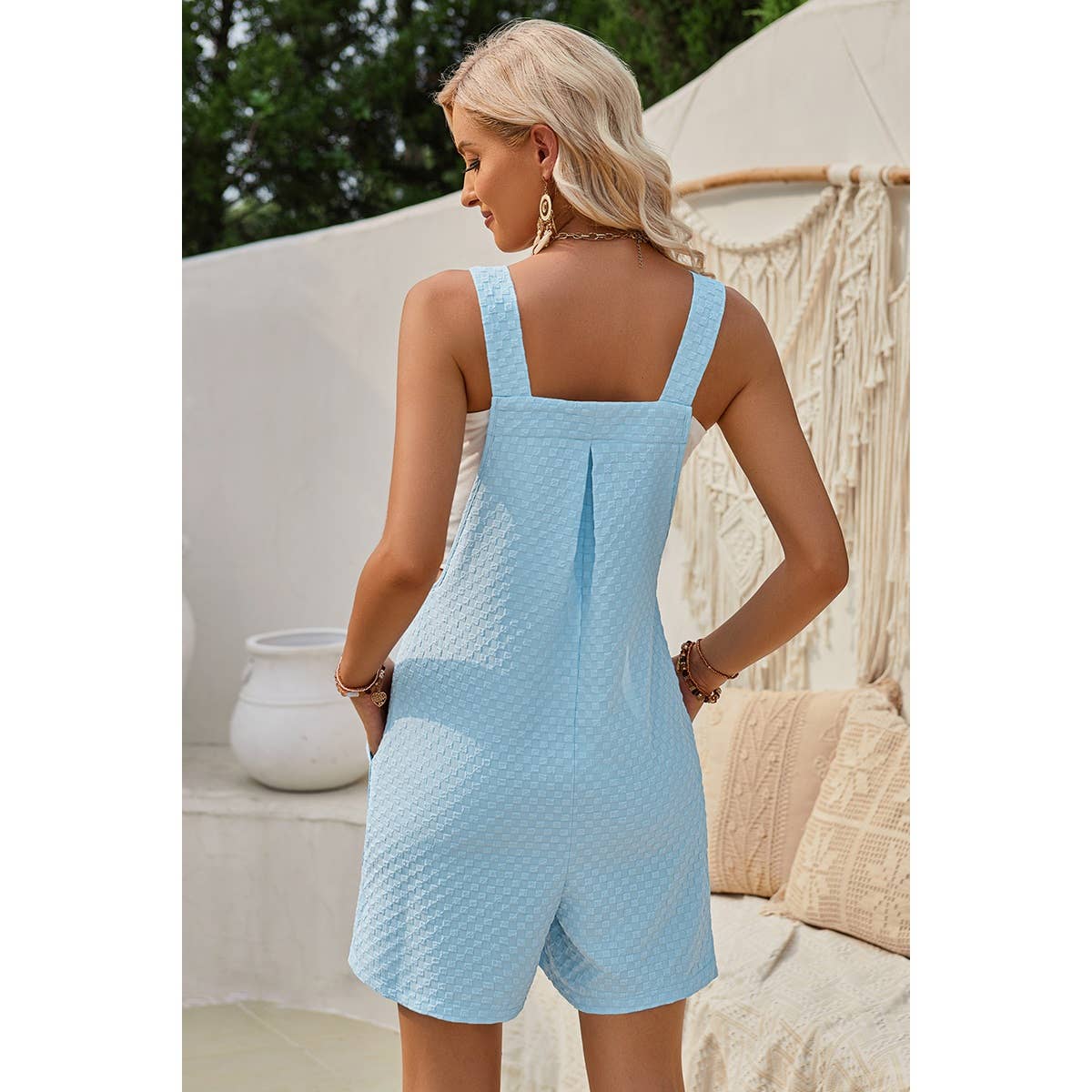 Sleeveless Square Neck Solid Pockets Loose Romper - Moonlight Boutique