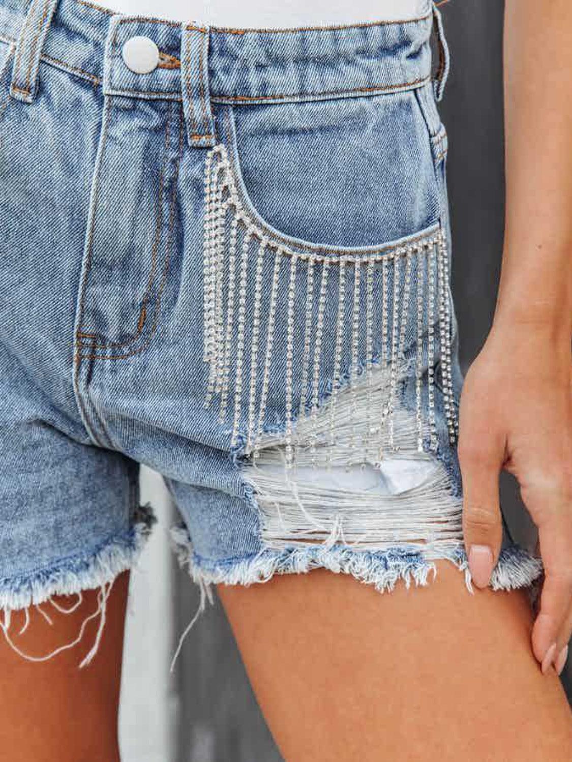 Distressed Fringe Denim Shorts with Pockets - Moonlight Boutique