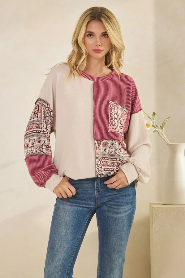 Patchwork Knit Long Sleeve Pullover Top - Oatmeal & Burgundy Color Block Sweater
