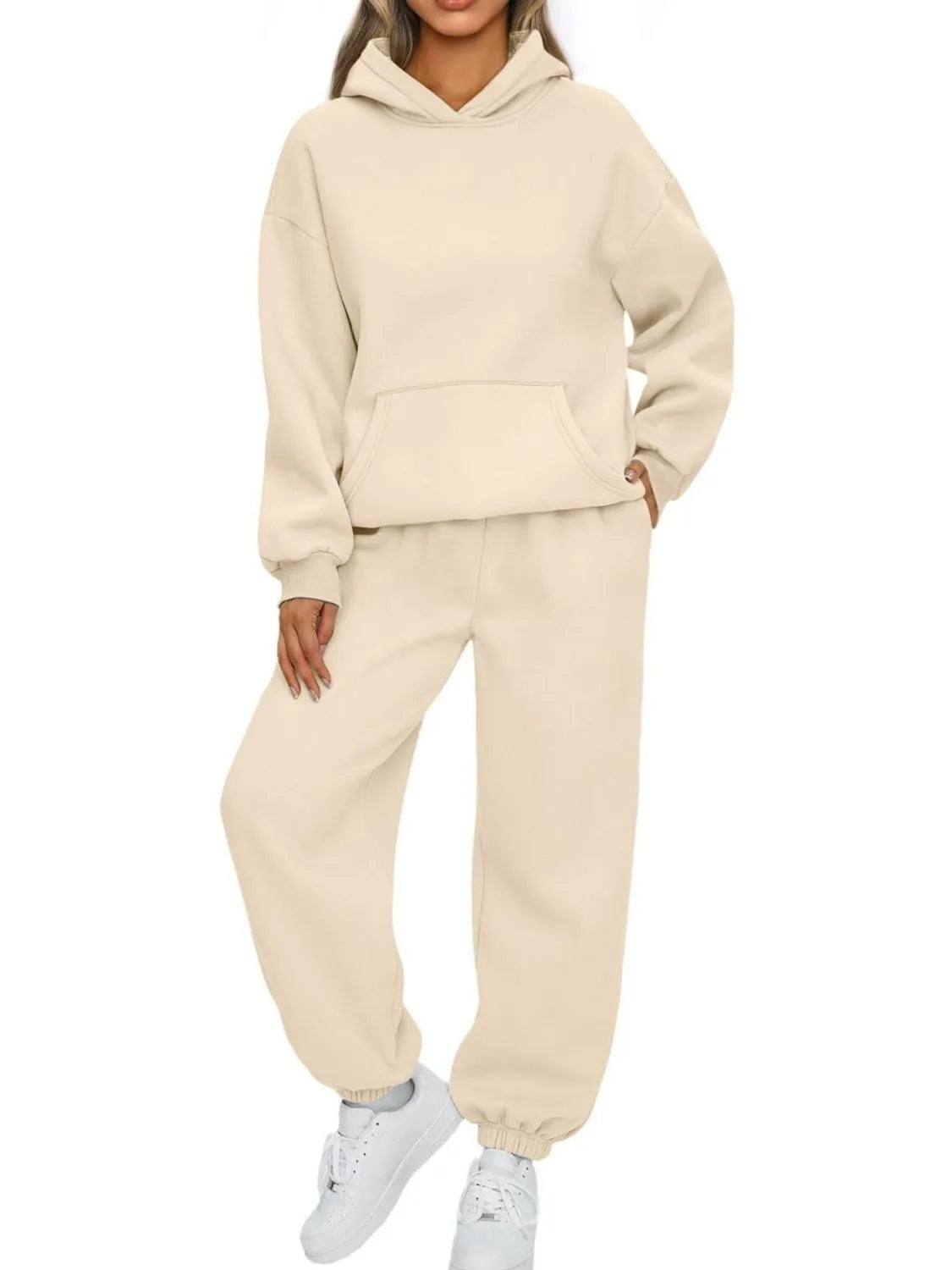 Full Size Kangaroo Pocket Hoodie and Joggers Set Plus Size Clothing Set Apricot