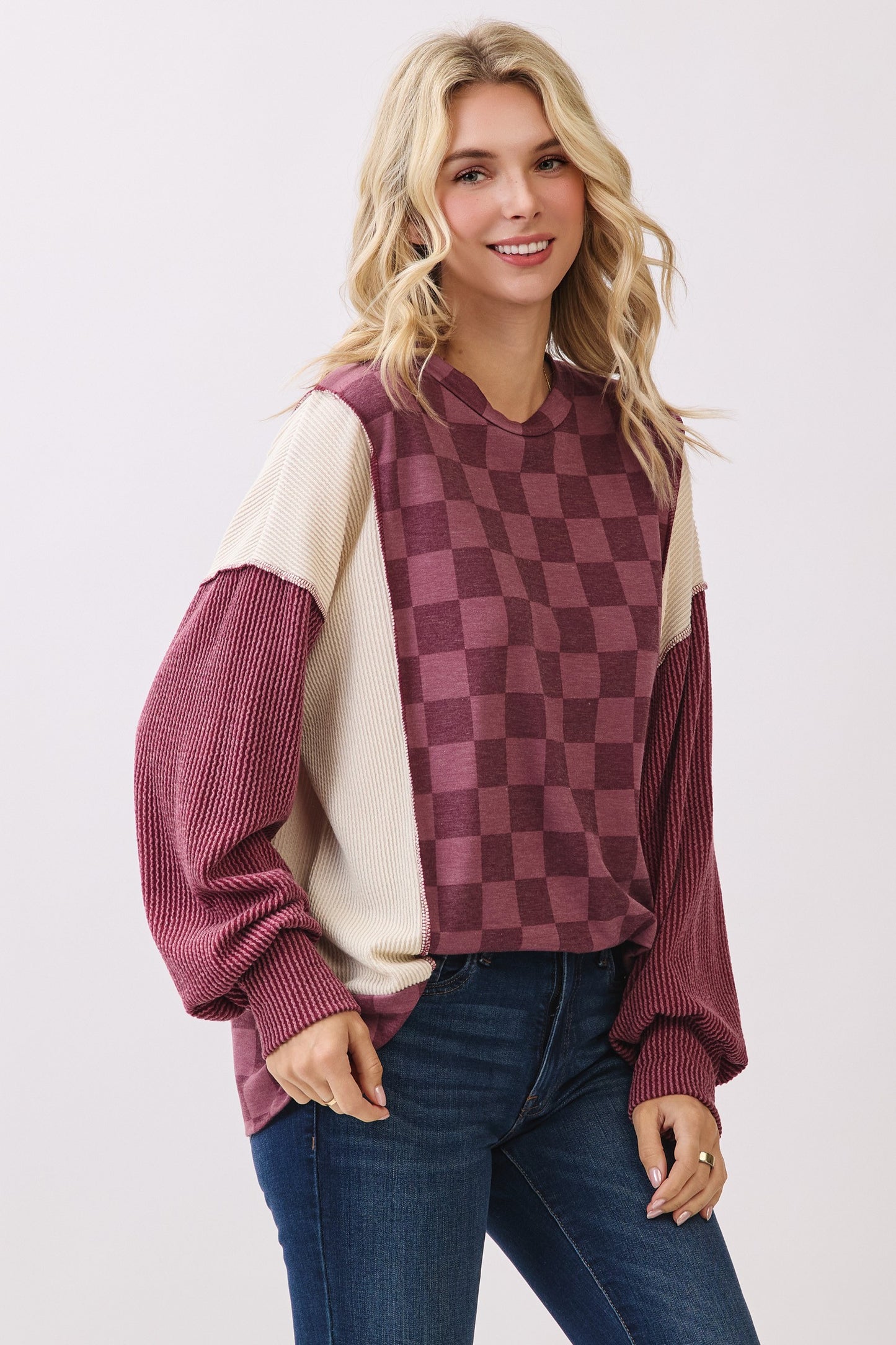 Checkered Print Long Sleeve Pullover Top Tops