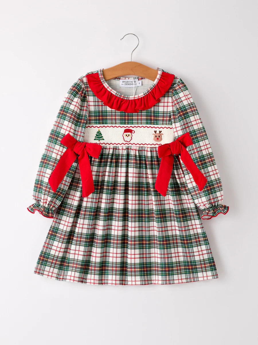 Christmas Embroidery Smocking Bow Plaid Girls Dress Childrens dress