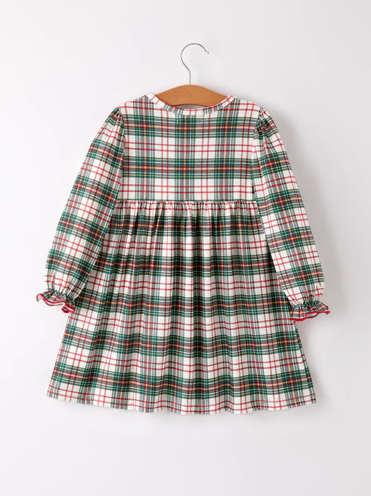 Christmas Embroidery Smocking Bow Plaid Girls Dress