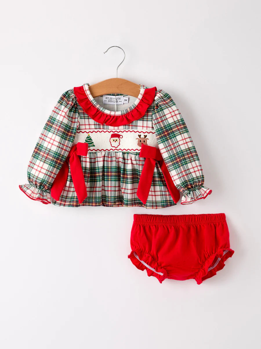 Christmas Plaid Smocking Embroidered Girls Bloomers Romper Set baby romper