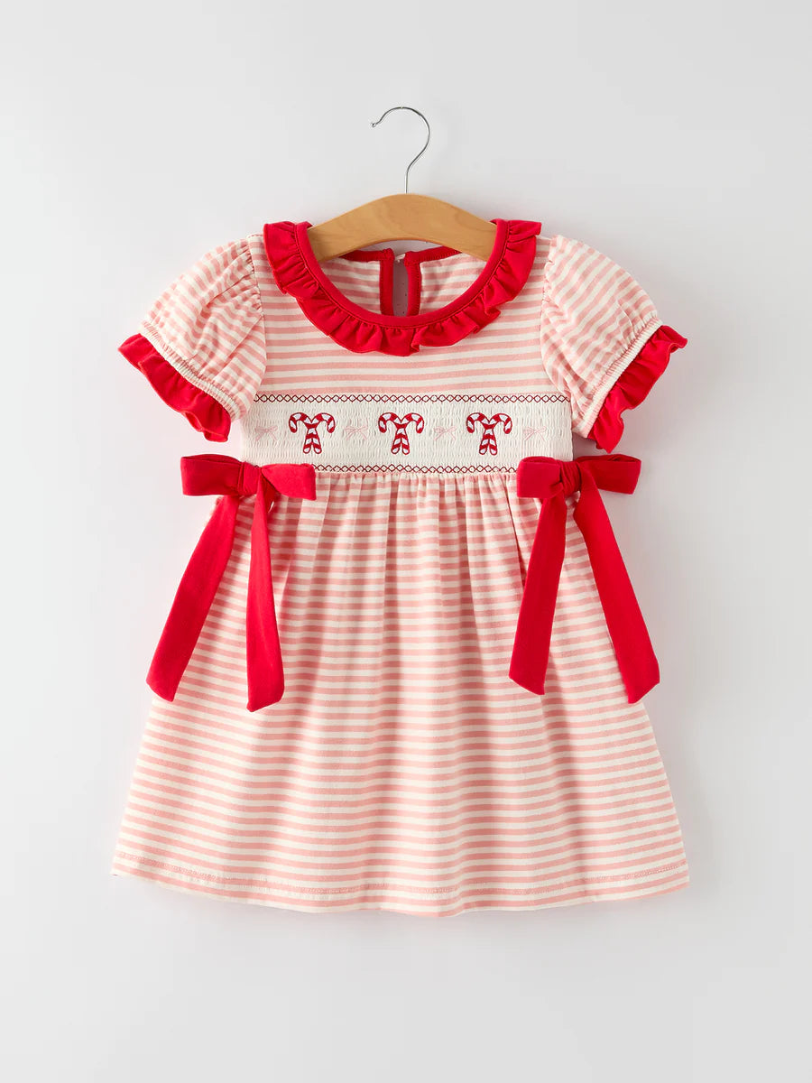 Christmas Candy Cane Smocking Embroidery Striped Girls Dress Childrens dress