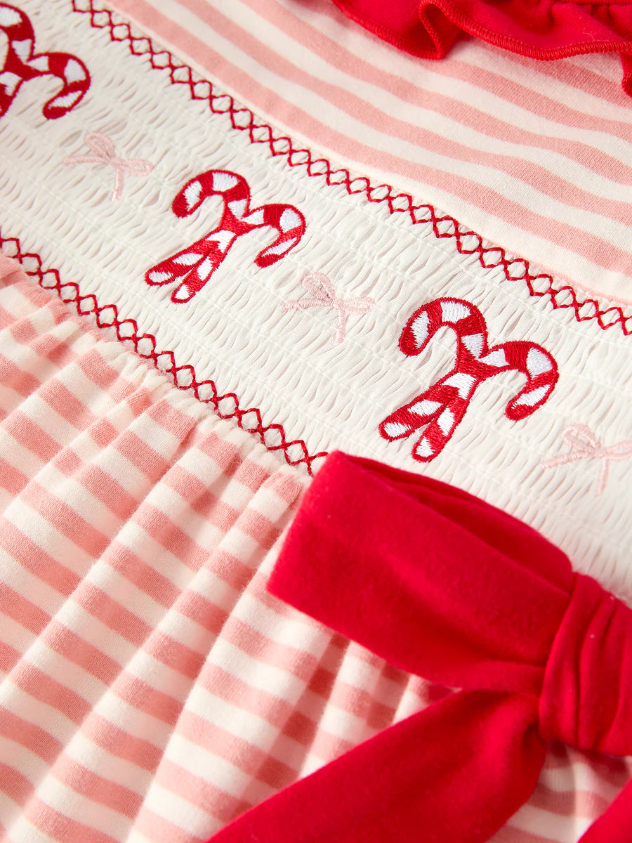 Christmas Candy Cane Smocking Embroidery Striped Girls Dress Childrens dress
