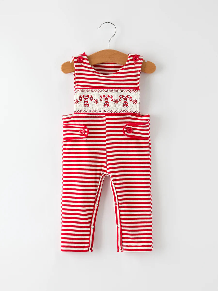 Christmas Candy Cane Smocking Embroidery Striped Baby Boys Romper baby romper