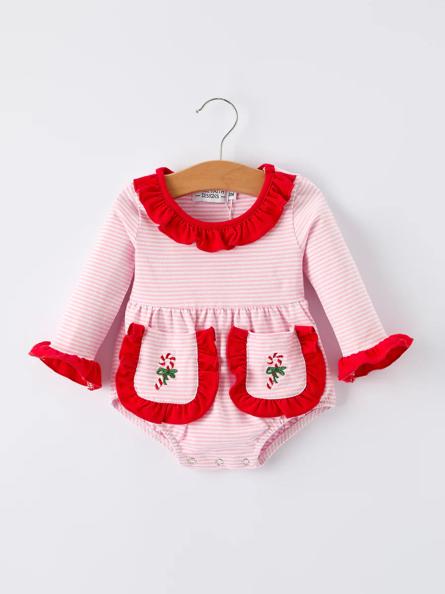 Christmas Candy Cane Embroidery Striped Baby Girl Romper with Pocket Ruffles baby romper