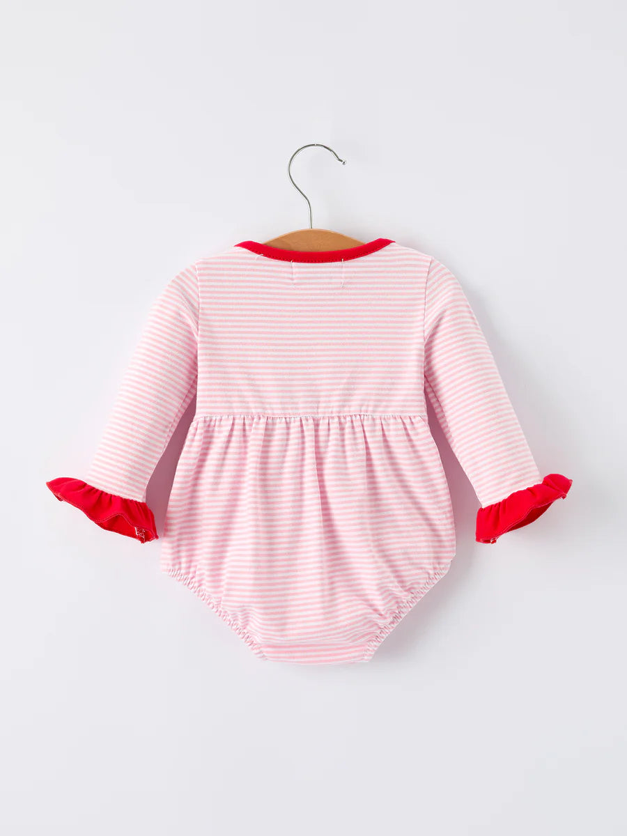 Christmas Candy Cane Embroidery Striped Baby Girl Romper with Pocket Ruffles baby romper