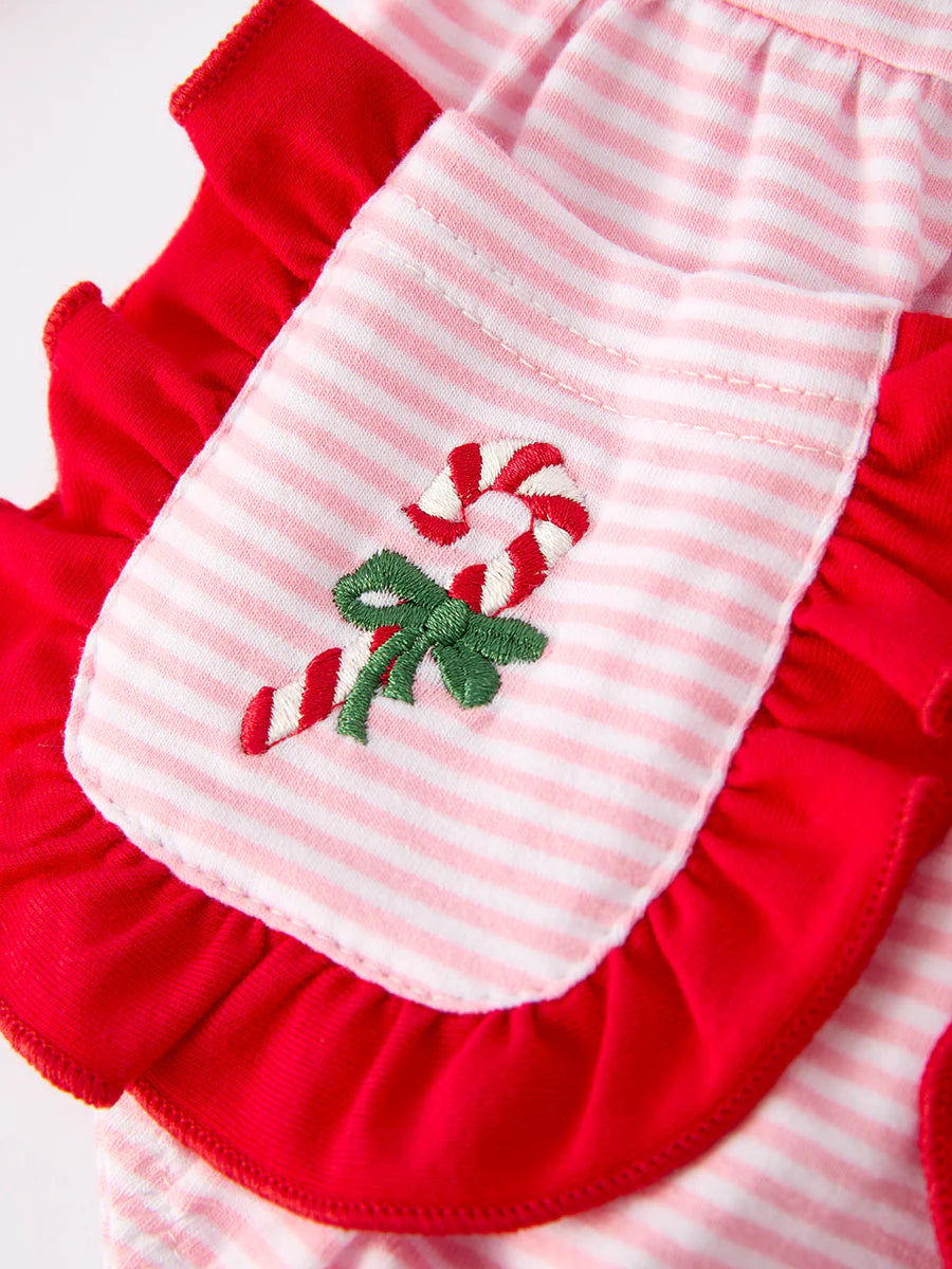 Christmas Candy Cane Embroidery Striped Baby Girl Romper with Pocket Ruffles baby romper