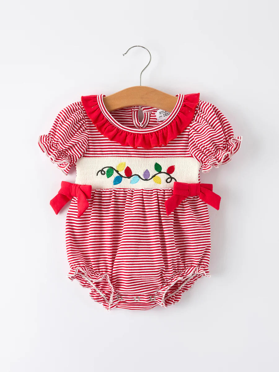 Holiday Baby Girls Romper with Embroidered Christmas Lights and Red Bow Details baby romper