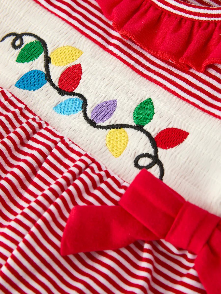 Holiday Baby Girls Romper with Embroidered Christmas Lights and Red Bow Details baby romper
