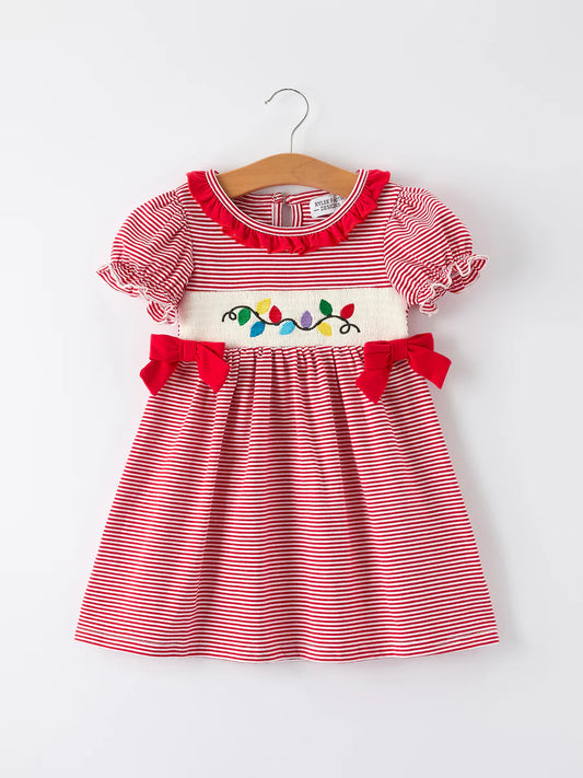 Holiday Girls Dress with Embroidered Christmas Lights and Red Bow Details Childrens dress